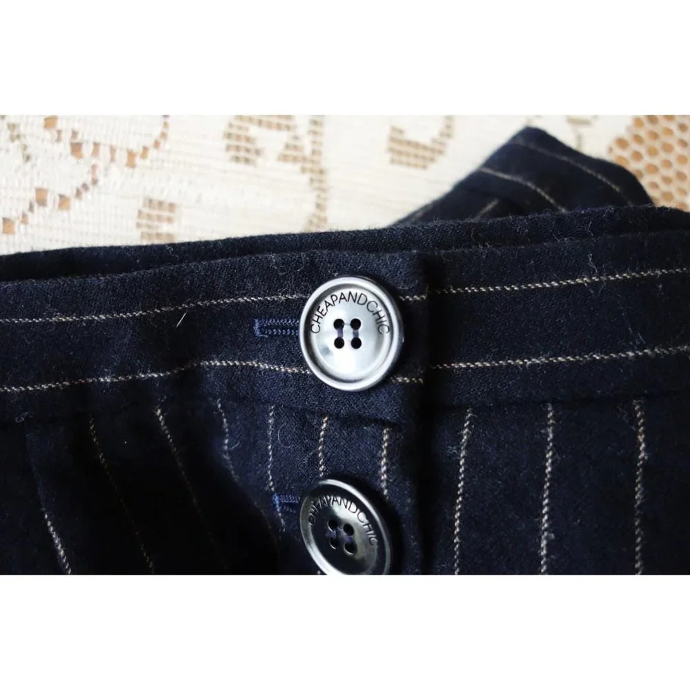 Vtg 00s Y2K Moschino Navy Blue Pinstripe Wool Button Trumpet Skirt IT 40 US 4 - Picture 4 of 6